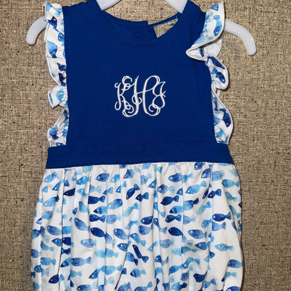 Blue and White Embroidered Initial Fish Print Baby Romper